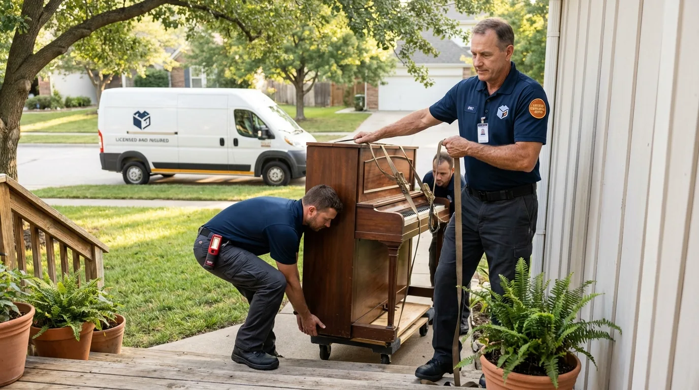 Licensed piano movers securing grand piano in Sanford, ME
