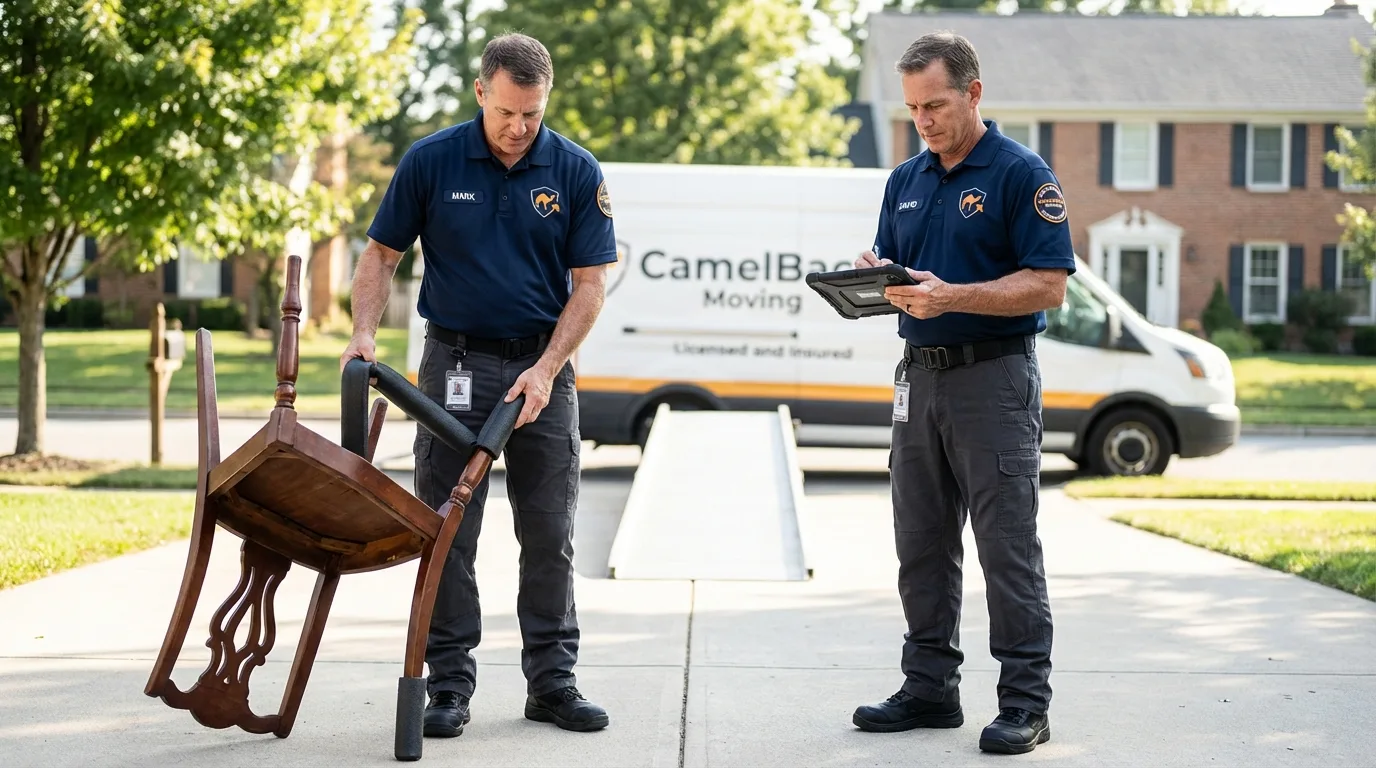 Movers inspecting furniture for damage prevention before loading in Sanford, ME