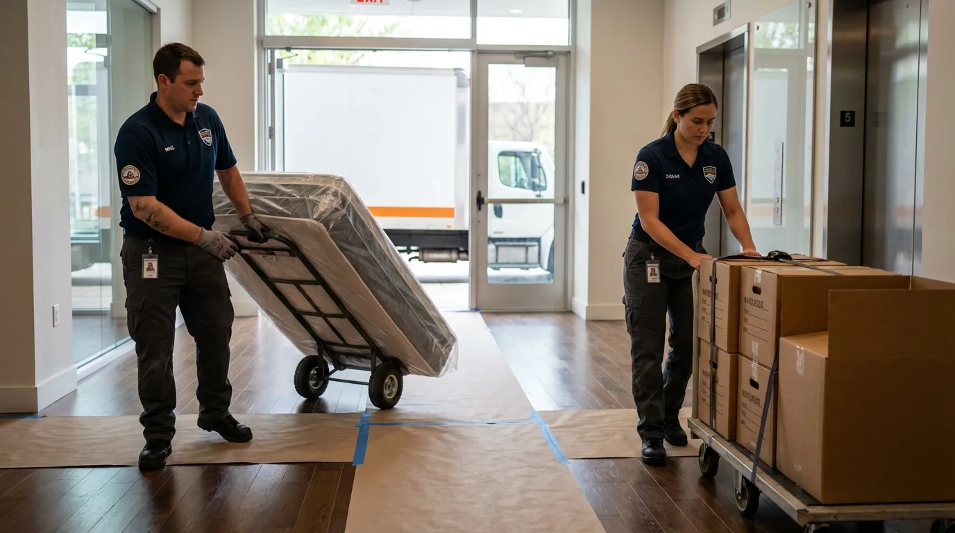 Professional apartment movers loading elevator in Sanford, ME