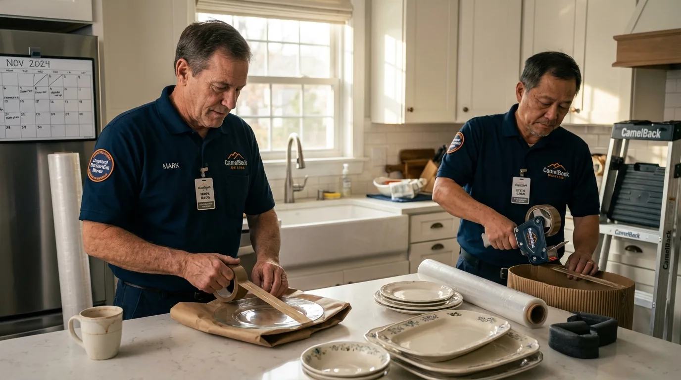 Professional crew packing kitchen dishware in Sanford, ME